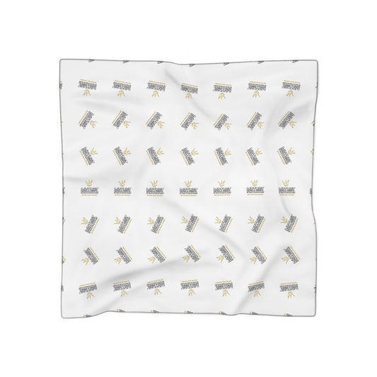 White Silk-Look Scarf with Gold Crown & 'Kingdom' Repeat Pattern — Elegant Fashion Accessory