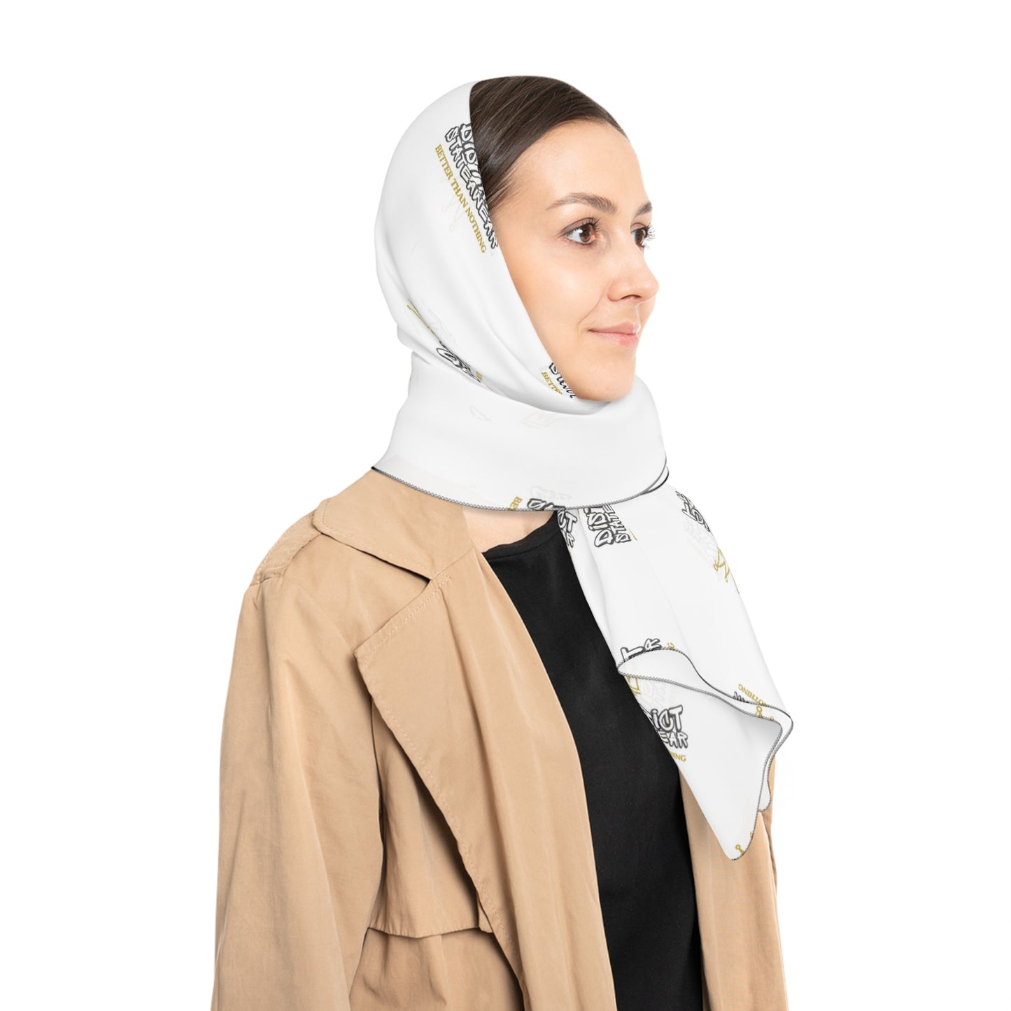White Silk-Look Scarf with Gold Crown & 'Kingdom' Repeat Pattern — Elegant Fashion Accessory