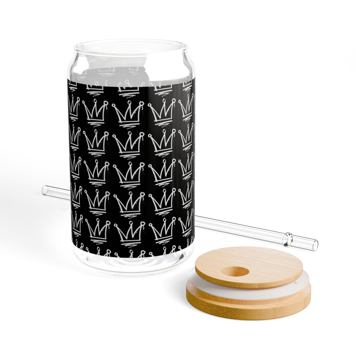 Crown Pattern 16oz Glass Sipper with Bamboo Lid & Straw