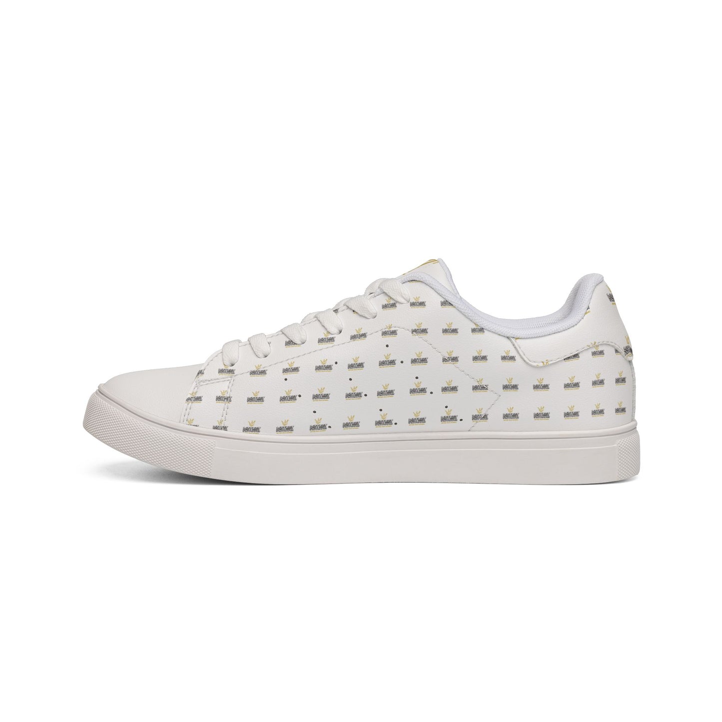 Men's Low-Top Leather Sneakers — White Gold Crown Accent Casual Shoes