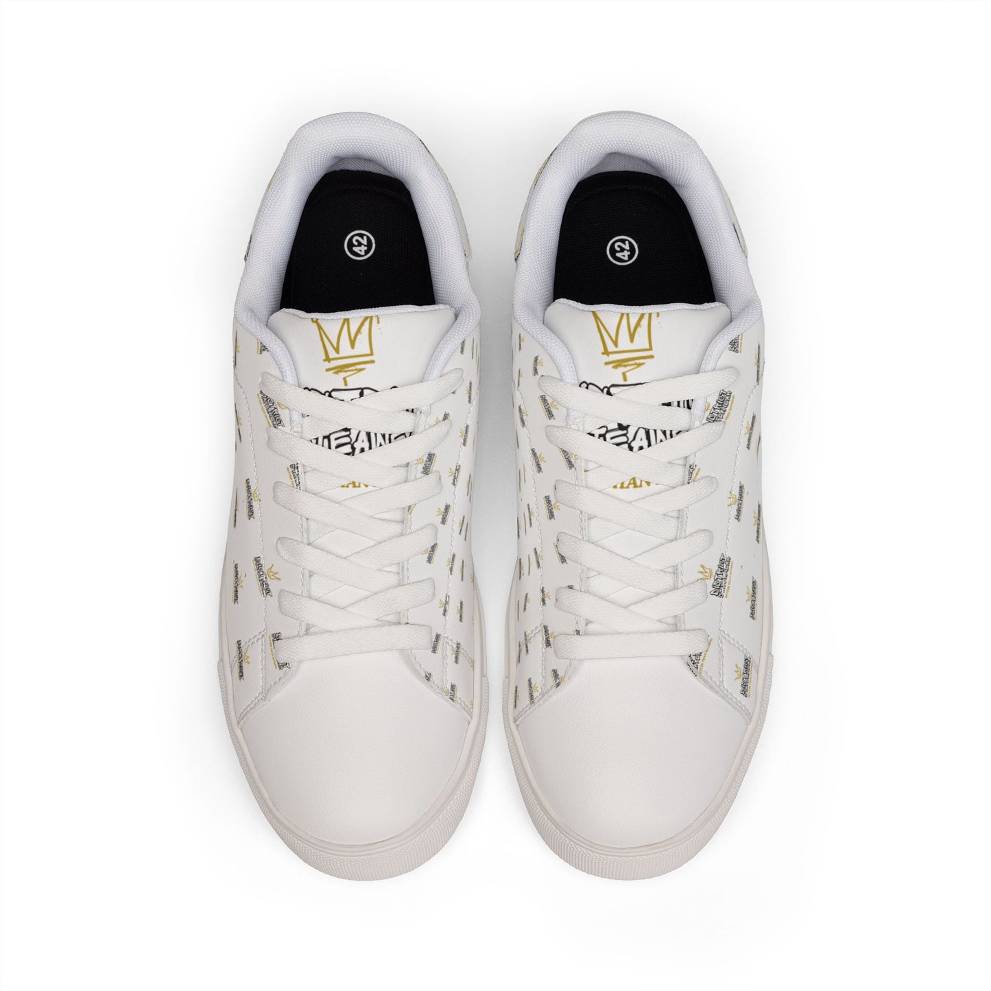 Men's Low-Top Leather Sneakers — White Gold Crown Accent Casual Shoes