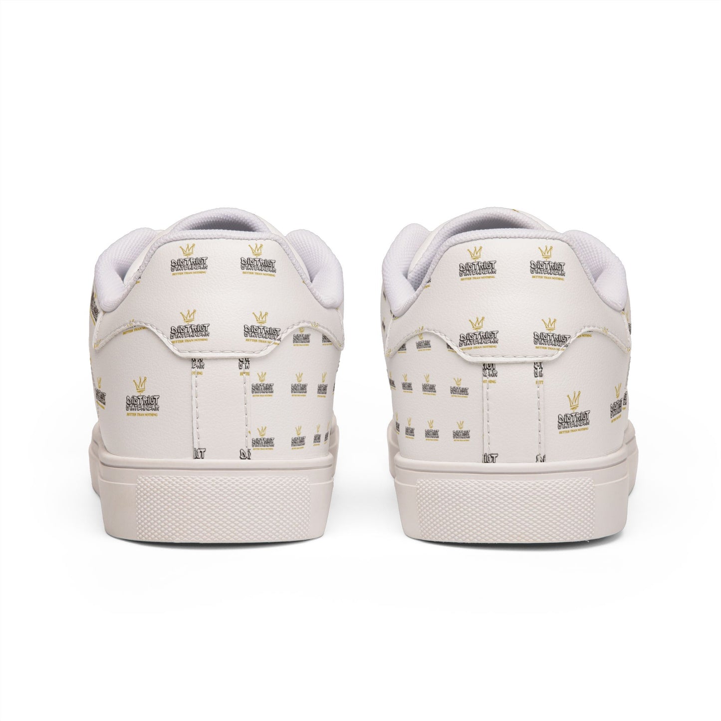 Men's Low-Top Leather Sneakers — White Gold Crown Accent Casual Shoes