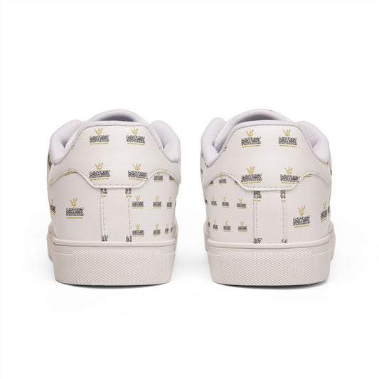 Men's Low-Top Leather Sneakers — White Gold Crown Accent Casual Shoes