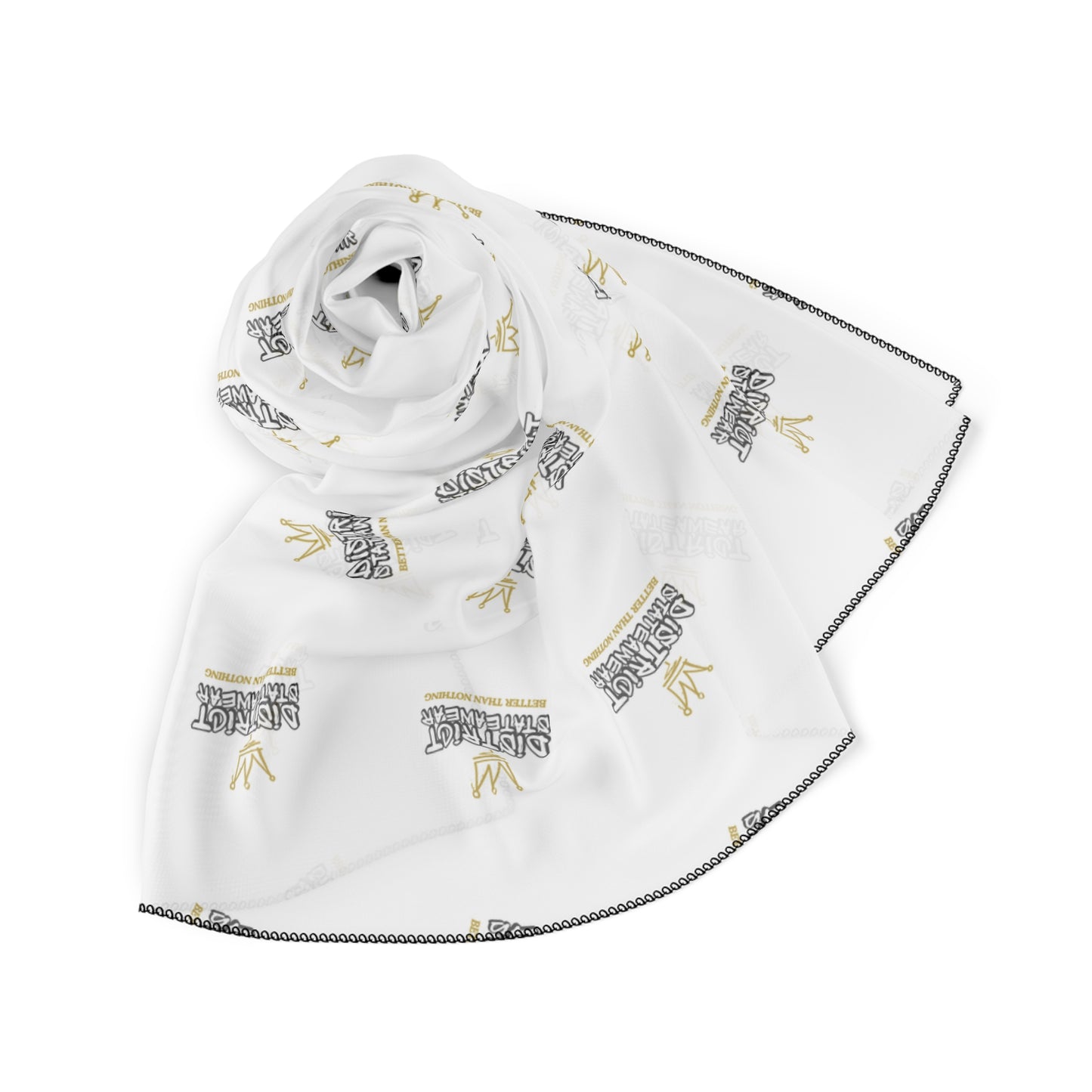 White Silk-Look Scarf with Gold Crown & 'Kingdom' Repeat Pattern — Elegant Fashion Accessory