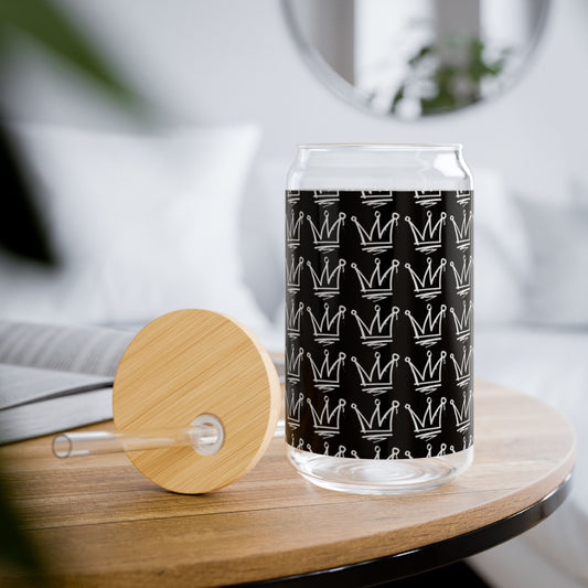 Crown Pattern 16oz Glass Sipper with Bamboo Lid & Straw