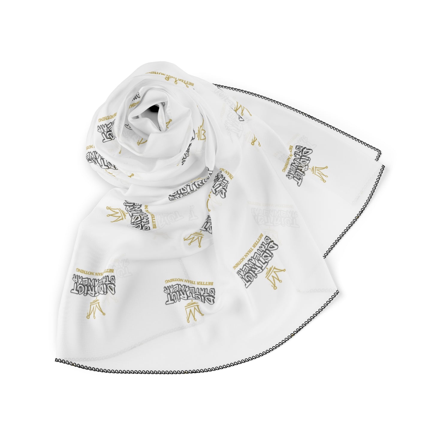 White Silk-Look Scarf with Gold Crown & 'Kingdom' Repeat Pattern — Elegant Fashion Accessory