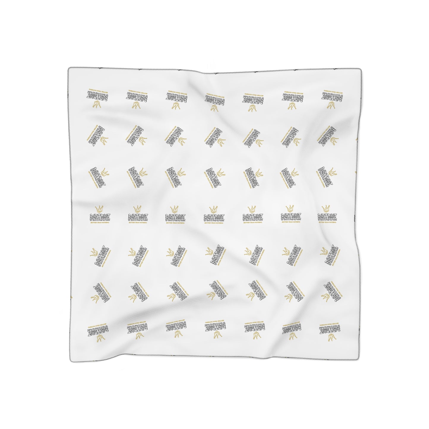 White Silk-Look Scarf with Gold Crown & 'Kingdom' Repeat Pattern — Elegant Fashion Accessory