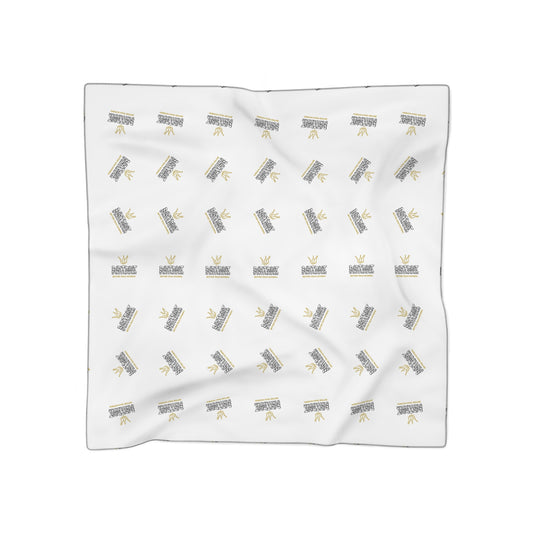 White Silk-Look Scarf with Gold Crown & 'Kingdom' Repeat Pattern — Elegant Fashion Accessory