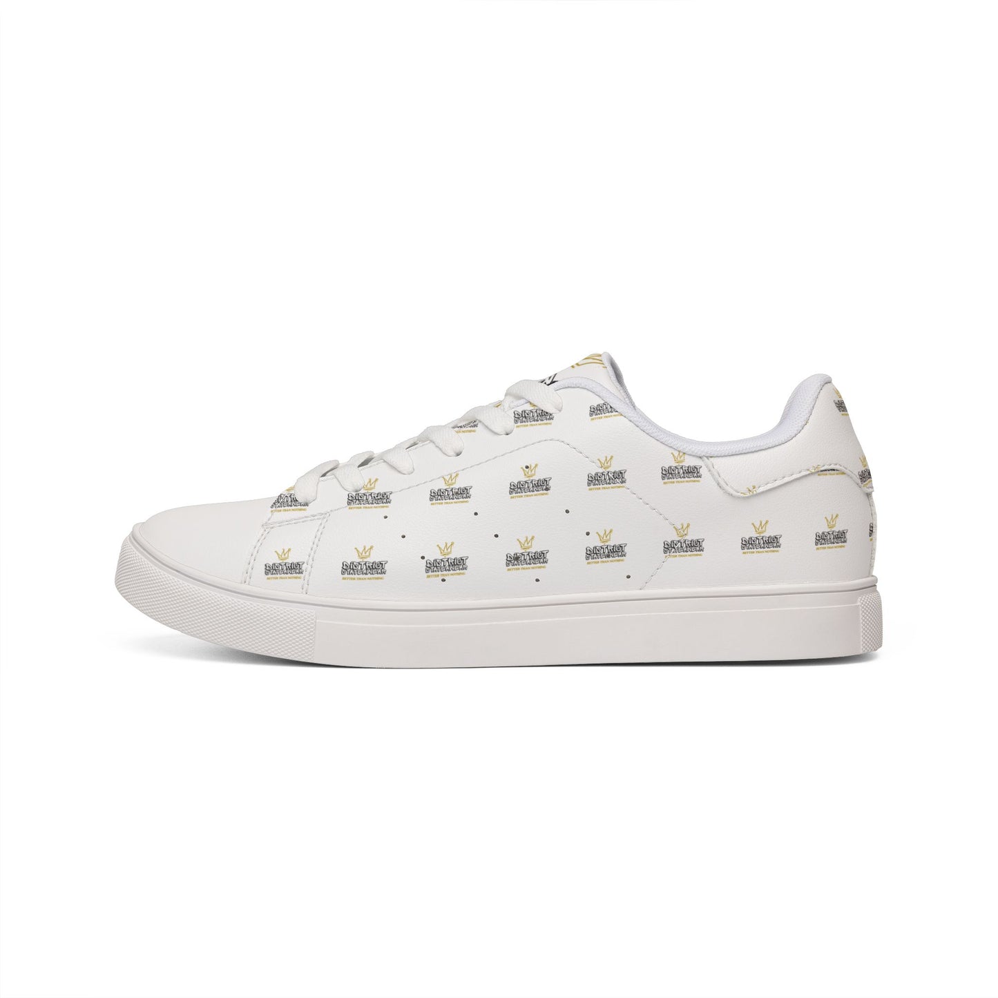 Men's Low-Top Leather Sneakers — White Gold Crown Accent Casual Shoes