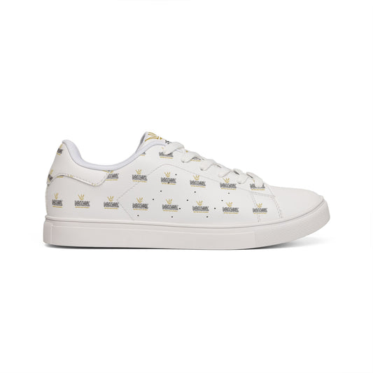 Men's Low-Top Leather Sneakers — White Gold Crown Accent Casual Shoes