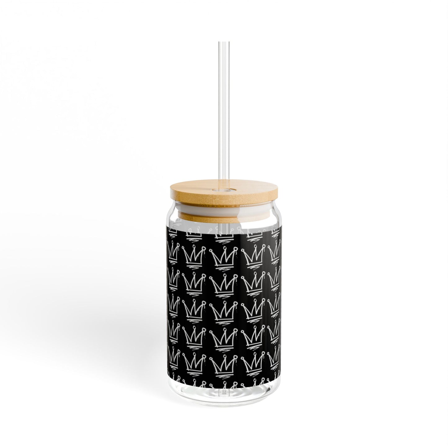 Crown Pattern 16oz Glass Sipper with Bamboo Lid & Straw