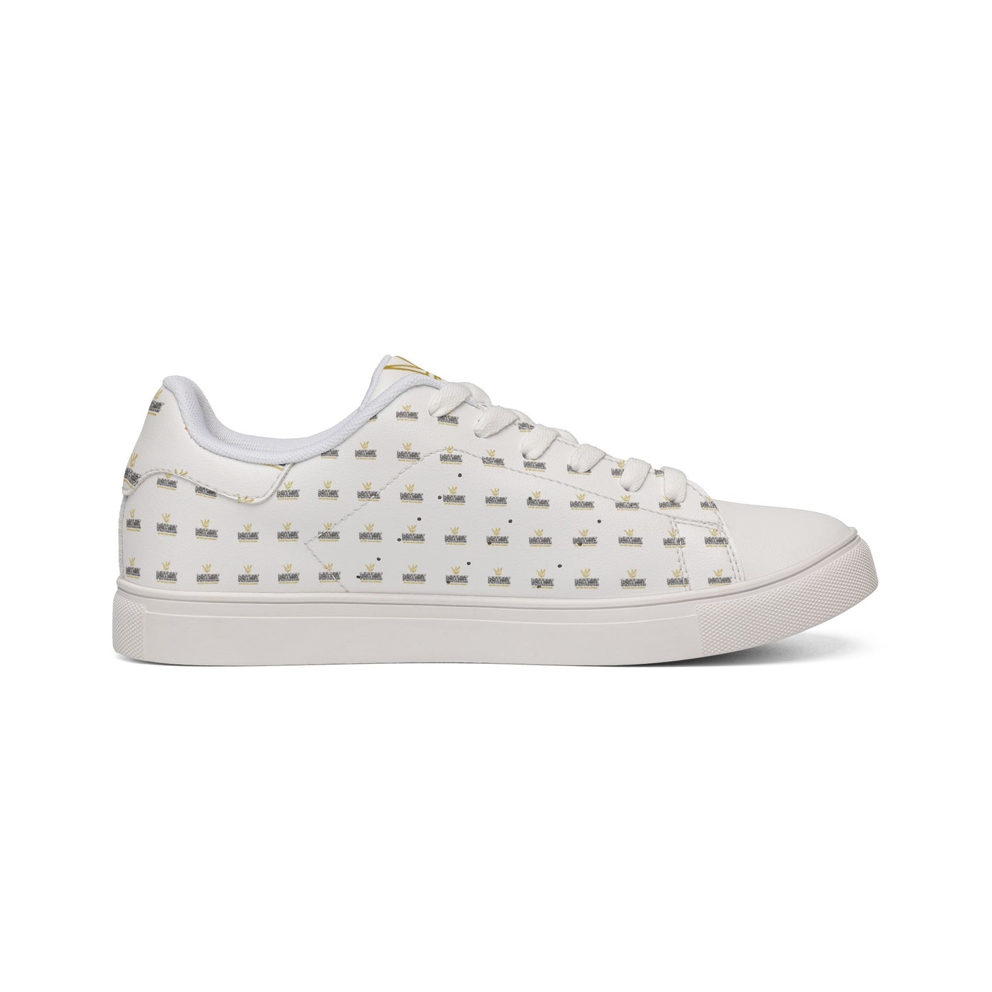 Men's Low-Top Leather Sneakers — White Gold Crown Accent Casual Shoes