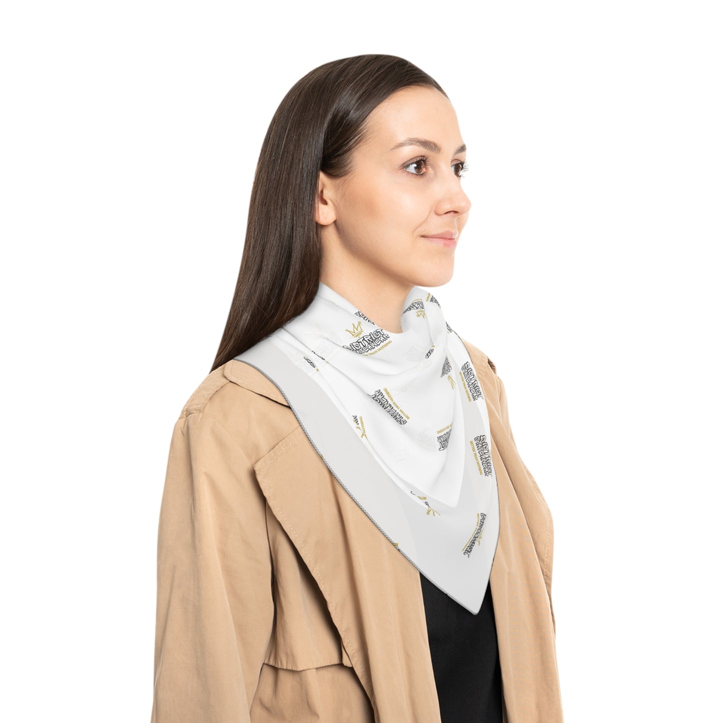 White Silk-Look Scarf with Gold Crown & 'Kingdom' Repeat Pattern — Elegant Fashion Accessory